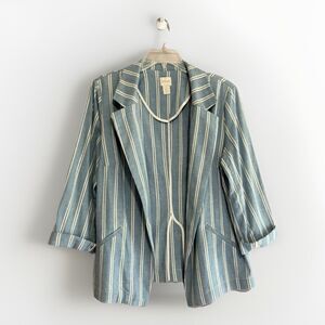 Chicos Blazer 1 Blue White Stripe Open Front Pockets Coastal Jacket Nautical 8/M